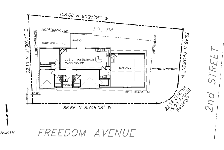 Corner lot site plan showing the property boundaries, house, garage, patio, porch, and driveway