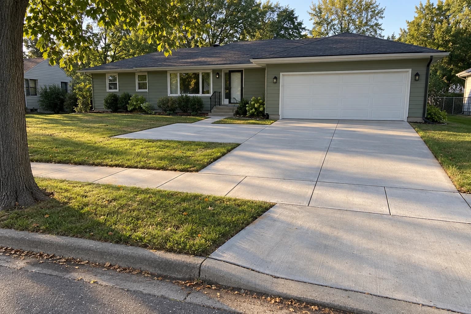 Finished concrete driveway with an attached side parking pad, front walk, sidewalk crossing, and apron at a single-story sage-green house.