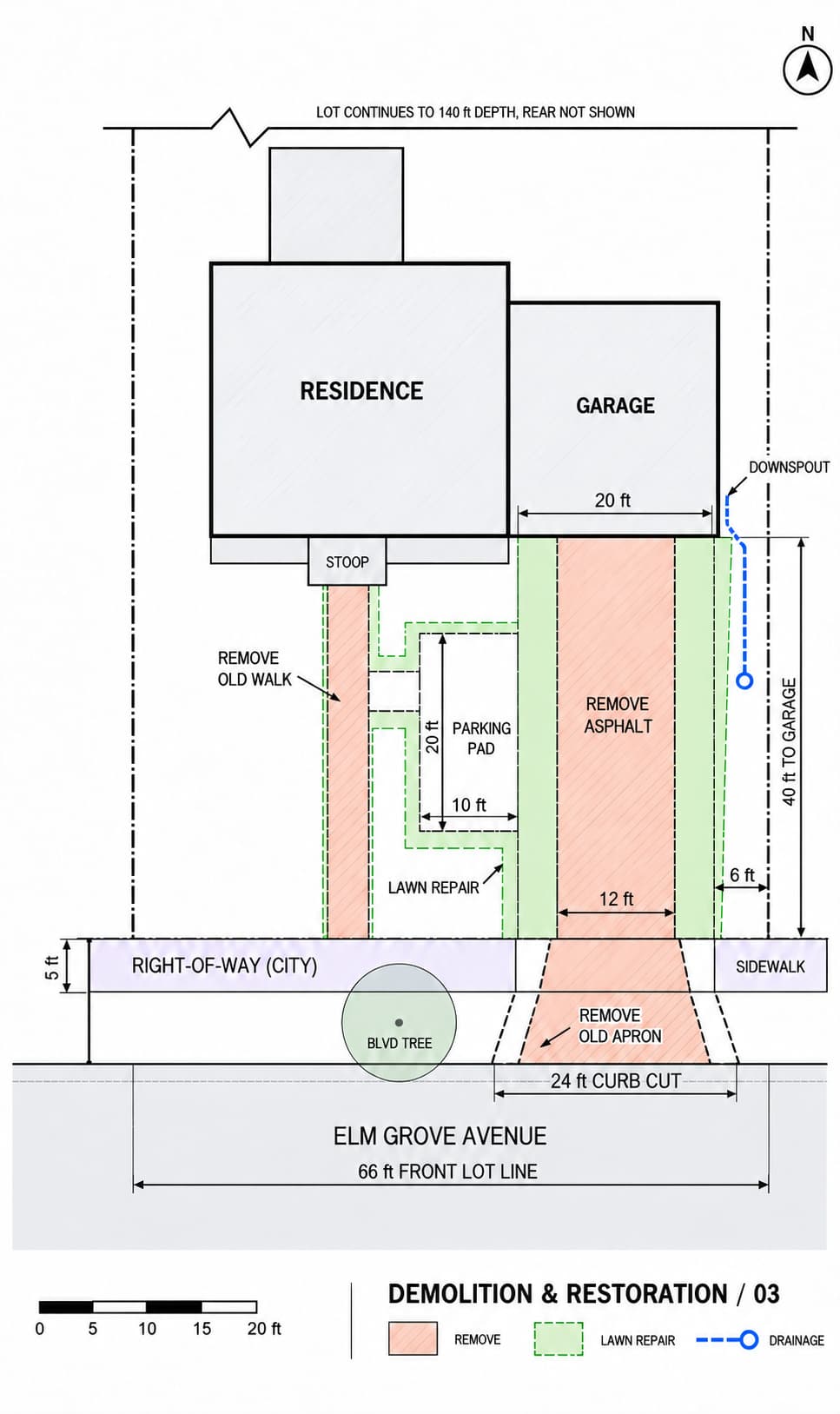 Image-generated demolition and restoration plan showing old pavement to remove, new paving outlines, lawn repair bands, and the downspout extension