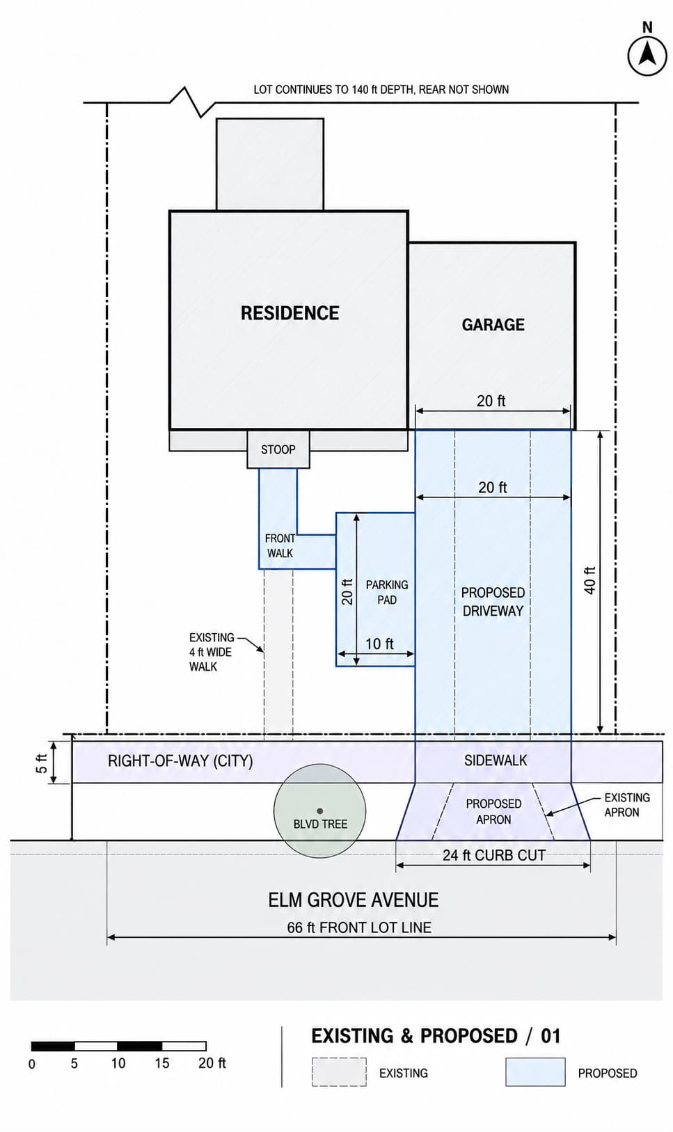 Site plan comparing an existing narrow driveway with a proposed wider driveway, inset parking pad, and L-shaped walk.