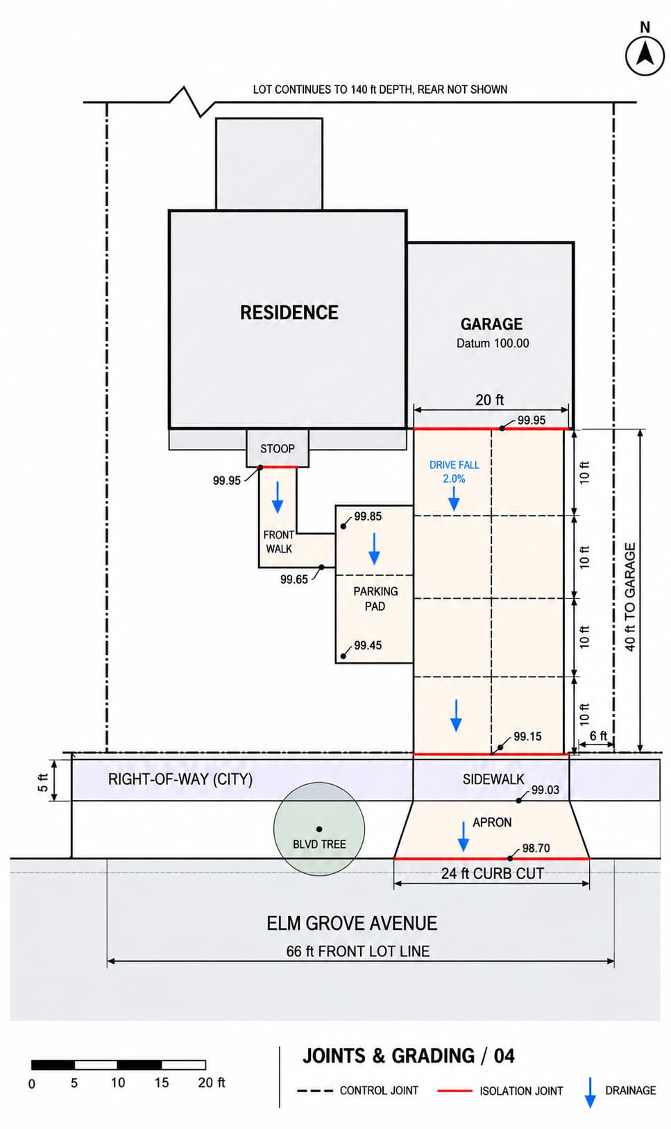 Image-generated joint and grading plan with square concrete panels, isolation joints, drainage arrows, and proposed spot elevations