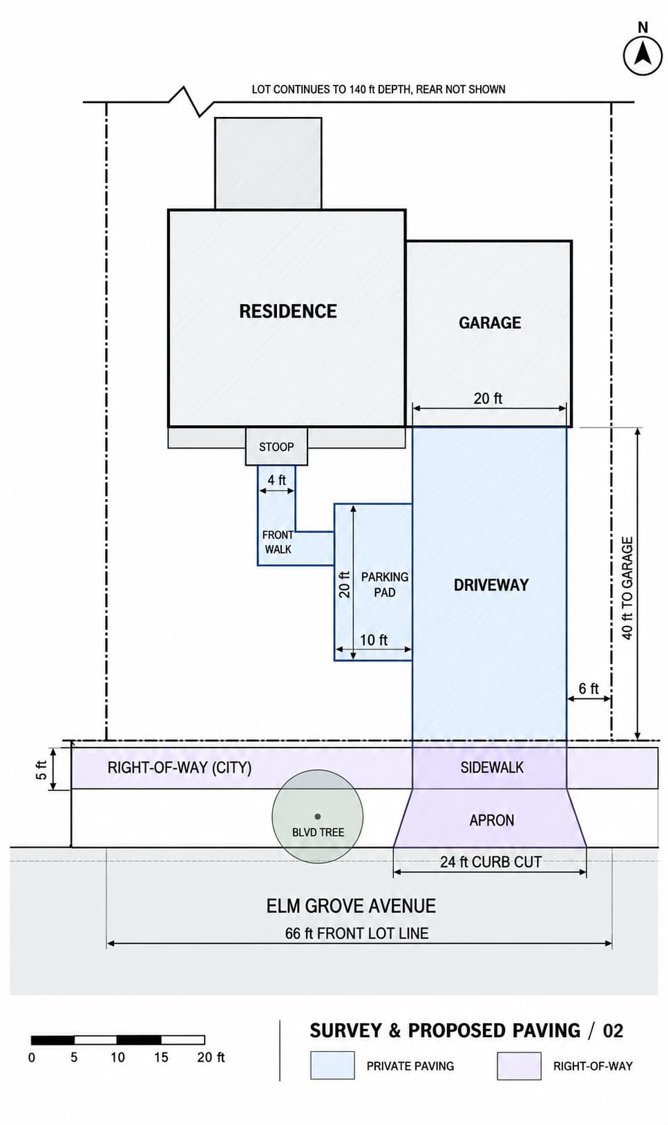 Image-generated dimensioned takeoff plan with private paving in blue and the strip, sidewalk crossing, and apron in violet