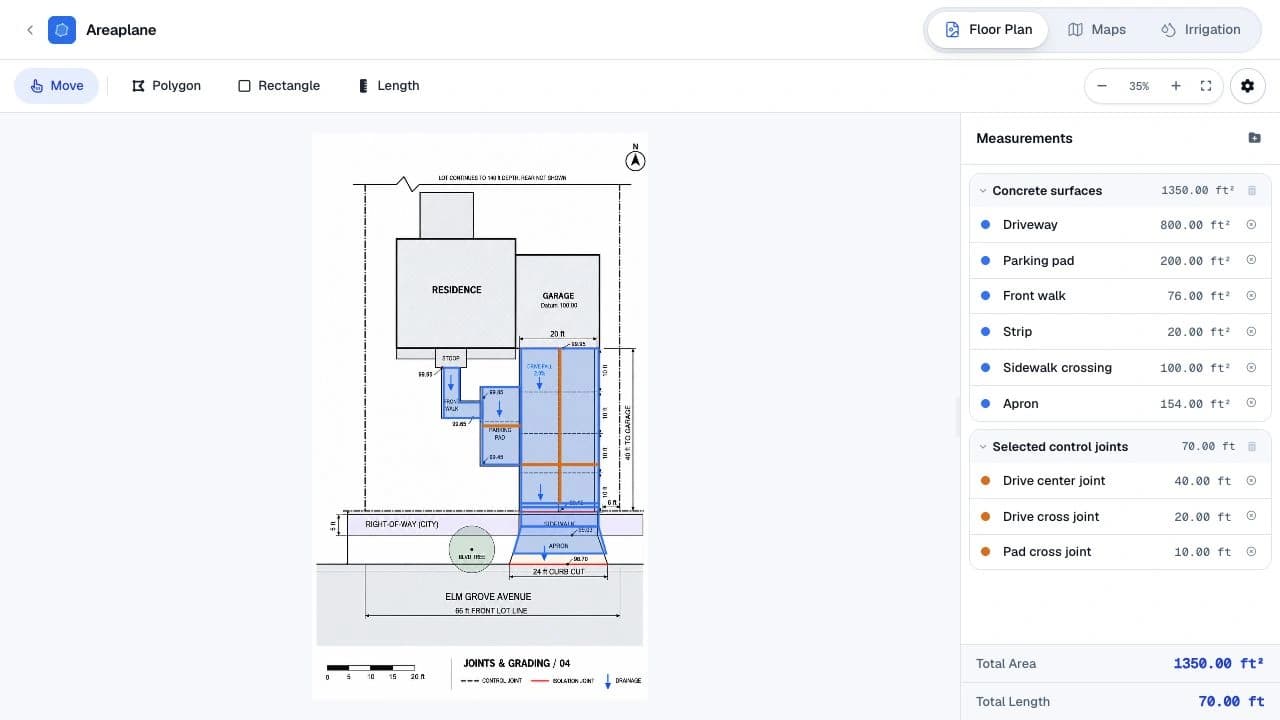 The joint and grading plan loaded in Areaplane with paving areas and selected control-joint lengths measured in separate categories