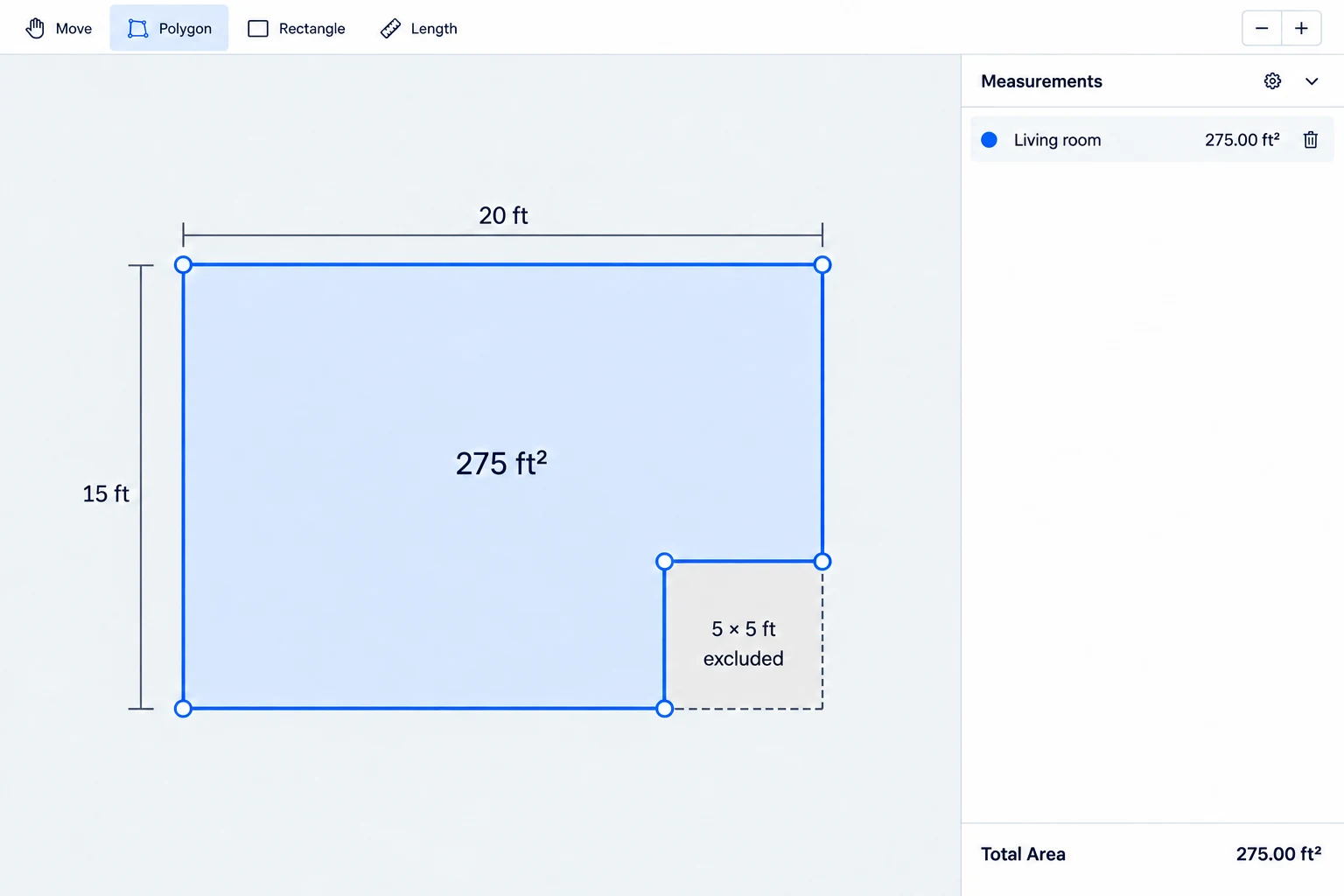 Floor-plan workspace showing a measured L-shaped room and a 275 square foot result.