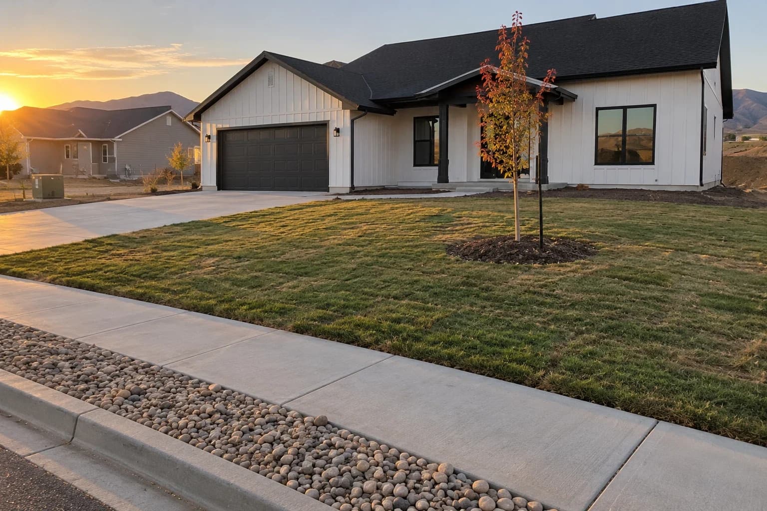The finished front yard at sunset: new sod, a young red maple in a mulch ring, and river rock in the strip between the sidewalk and the curb