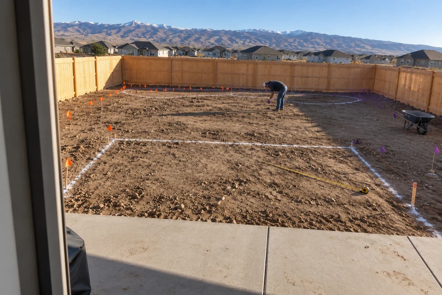 Backyard marked out with paint for the beds and patio, flags for every sprinkler head, and new fence posts along the rear lot line