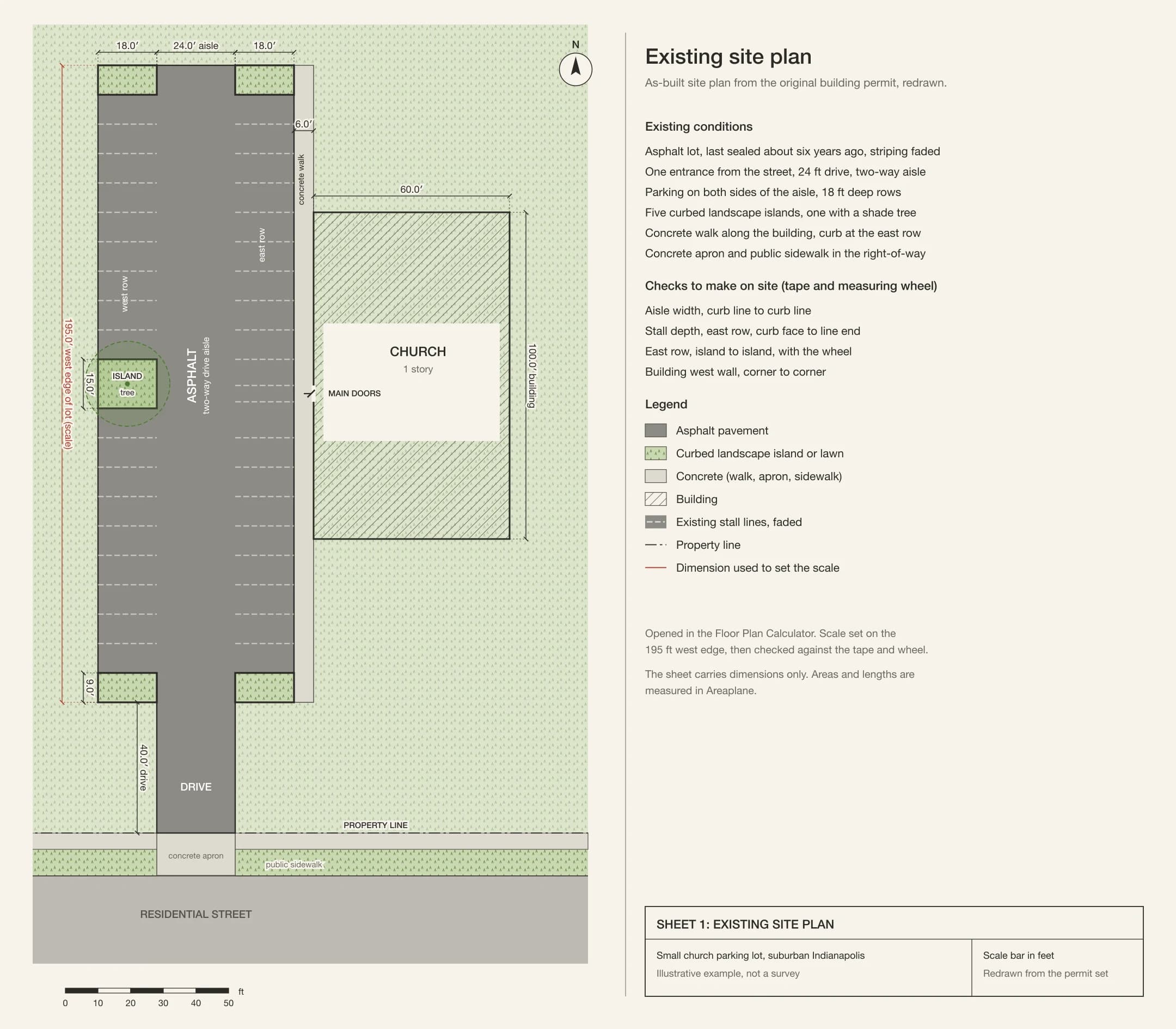 Existing site plan of the church lot: drive from the street, two-way aisle, east and west parking rows, five curbed islands, concrete walk and the church building, dimensioned in feet