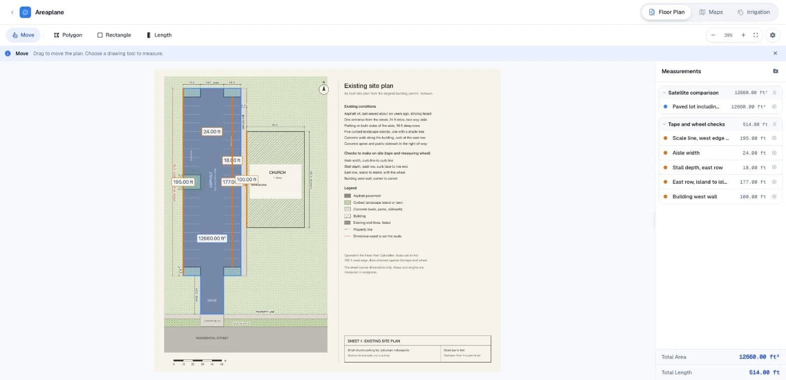 The existing site plan loaded in Areaplane with the scale set on the 195 ft west edge, the paved outline traced, and four tape and wheel check lines measured
