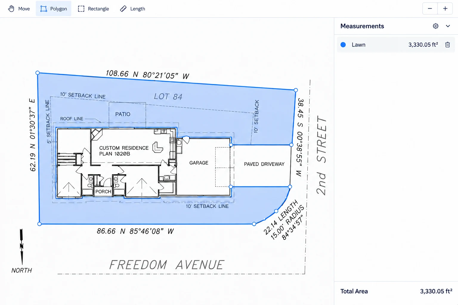 Site-plan workspace with lawn boundaries selected around a house and driveway for a sod estimate.