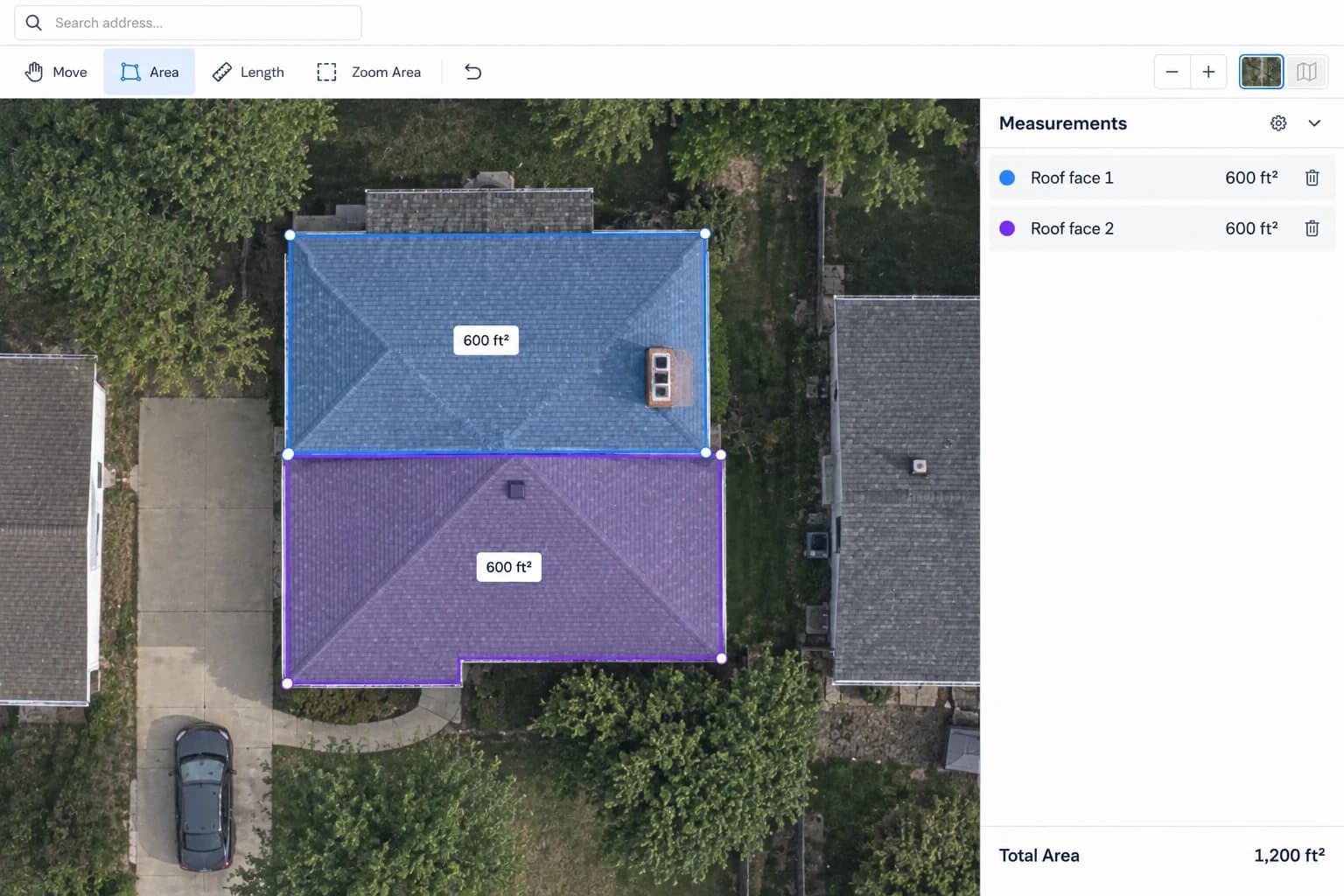 Satellite map with two roof footprints measured separately for solar planning.