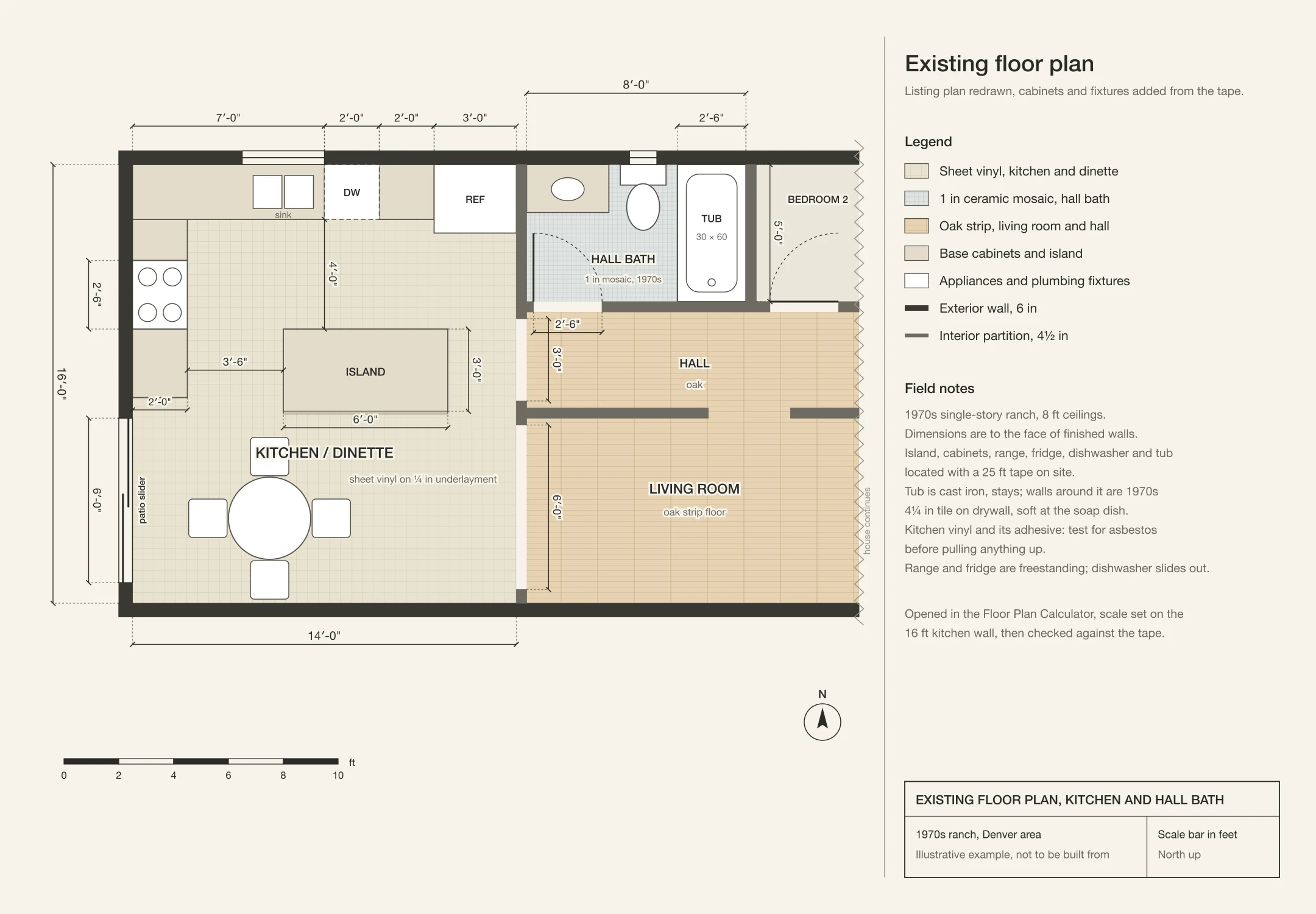 Existing floor plan of the kitchen, dinette and hall bath with cabinets, island, appliances, tub, door swings and dimensions in feet and inches