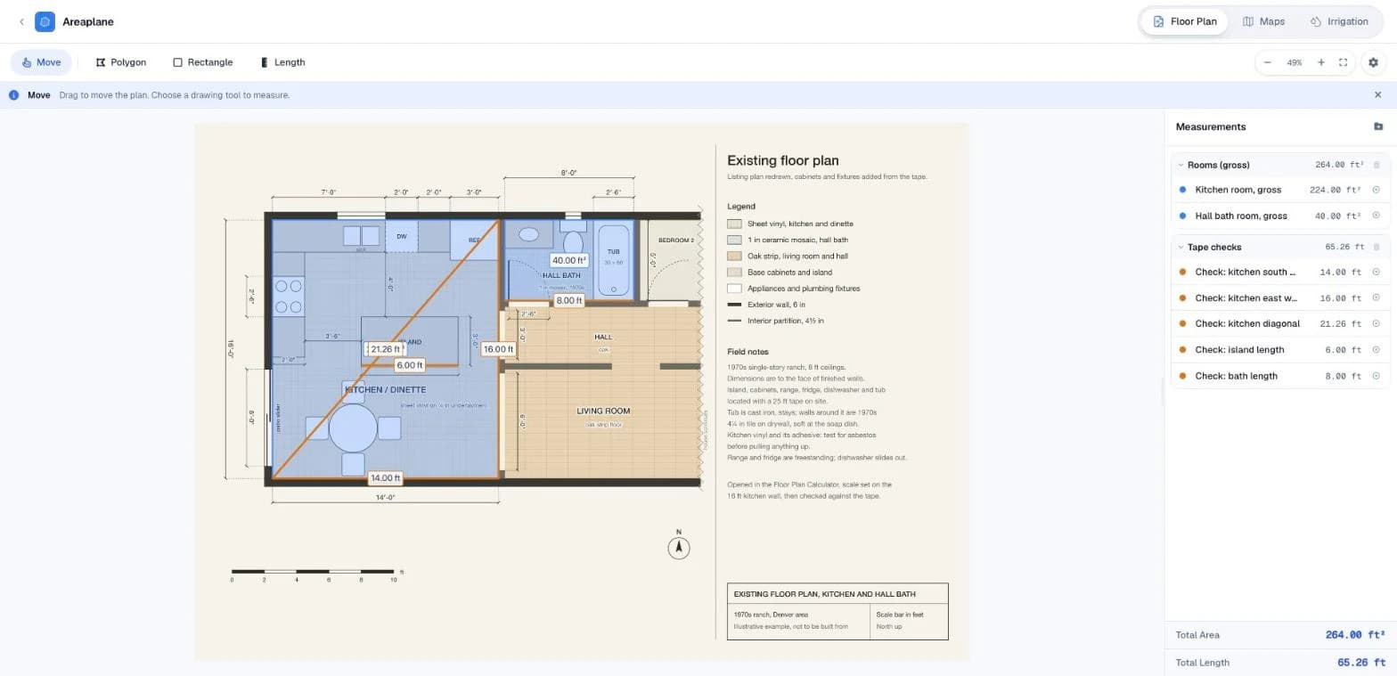 The existing floor plan loaded in Areaplane with the kitchen and hall bath traced as gross room areas and five tape-check lengths measured