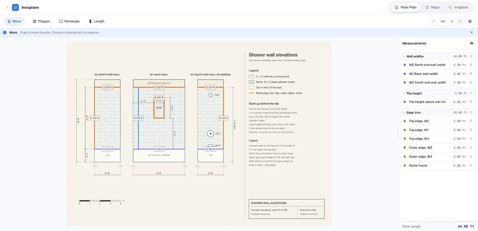 The shower elevation sheet in Areaplane with wall widths, the tile height and the edge trim runs measured as lengths