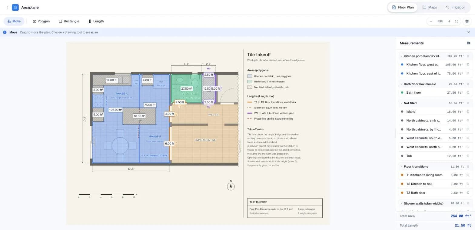The takeoff sheet in Areaplane with the kitchen, bath and not-tiled areas in three categories and the transitions and shower wall widths measured as lengths