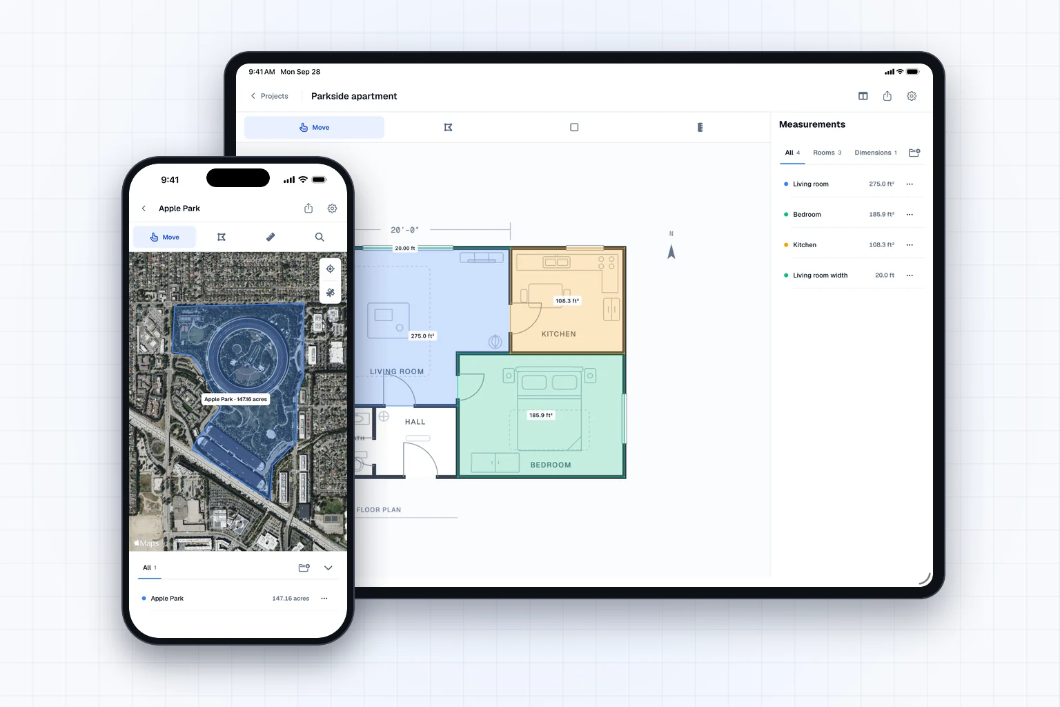 Areaplane on iPad with a measured floor plan, and on iPhone with Apple Park outlined on satellite imagery.