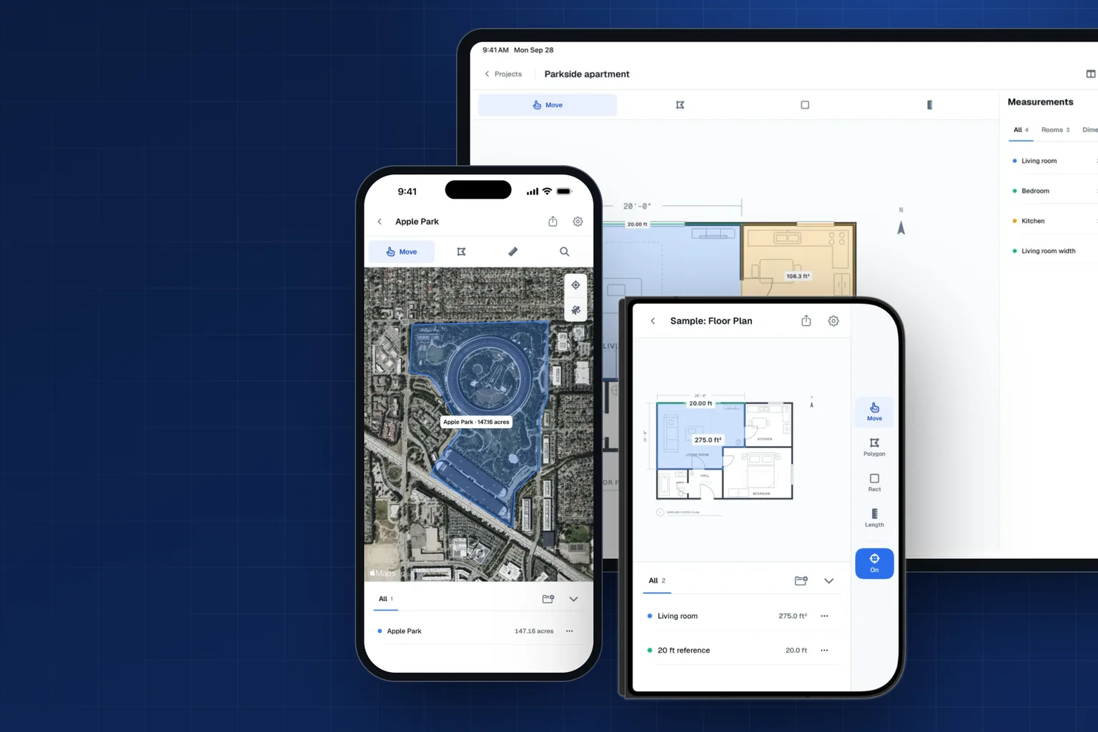Areaplane on iPhone with Apple Park outlined on a satellite map, on iPad with a measured floor plan, and on a folded iPhone Duo with the sample floor plan.