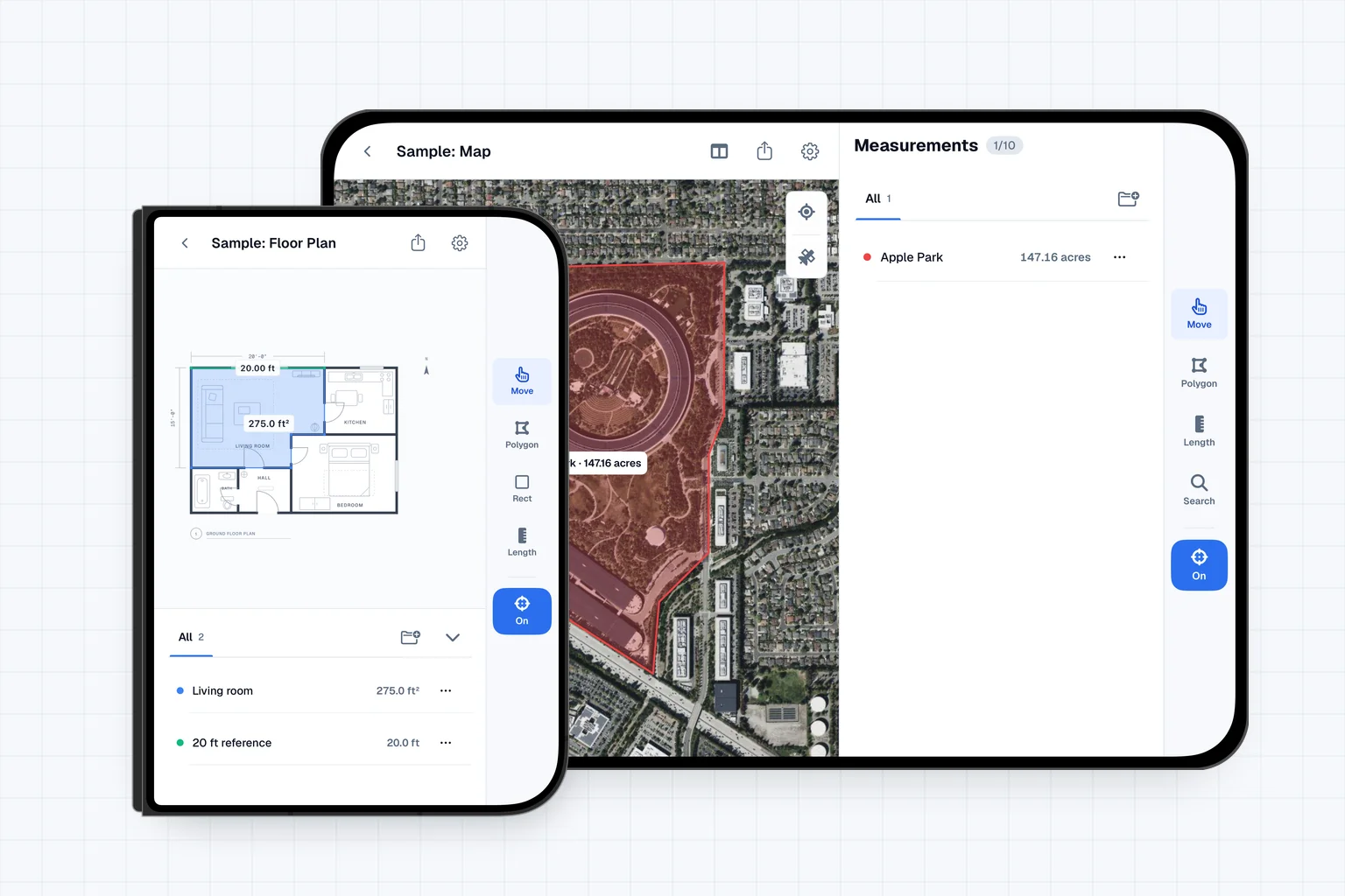 Areaplane on iPhone Duo: Apple Park measured on the unfolded display, and the sample floor plan on the folded outer display.