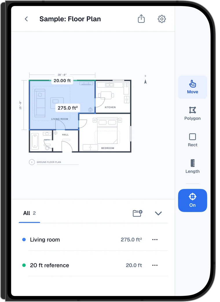 Areaplane on a folded iPhone Duo, with the sample floor plan and the tools in a rail down the right edge.