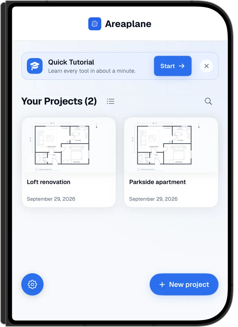 The Areaplane home screen on a folded iPhone Duo, with the Quick Tutorial, two projects, and the settings button at the bottom left.