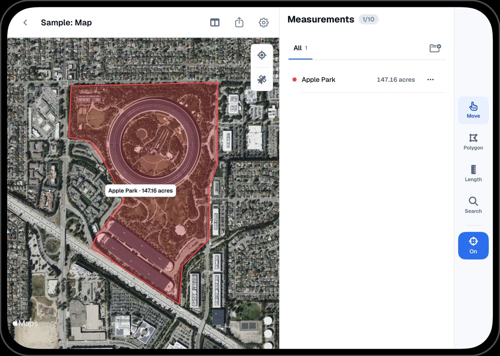 Areaplane on an unfolded iPhone Duo: Apple Park outlined on satellite imagery at 147.16 acres, with the Measurements panel and tool rail beside the map.