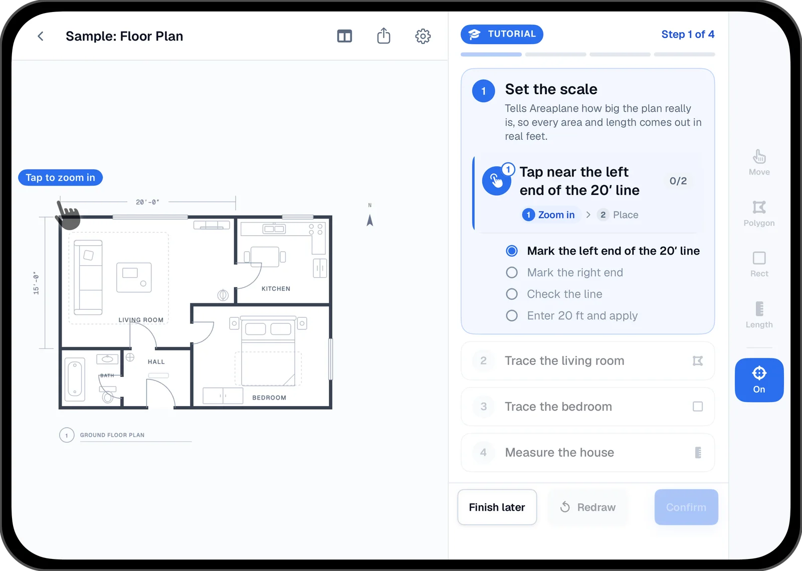 The tutorial on an unfolded iPhone Duo: step 1 of 4, Set the scale, with the live instruction and a checklist in the panel beside the plan.