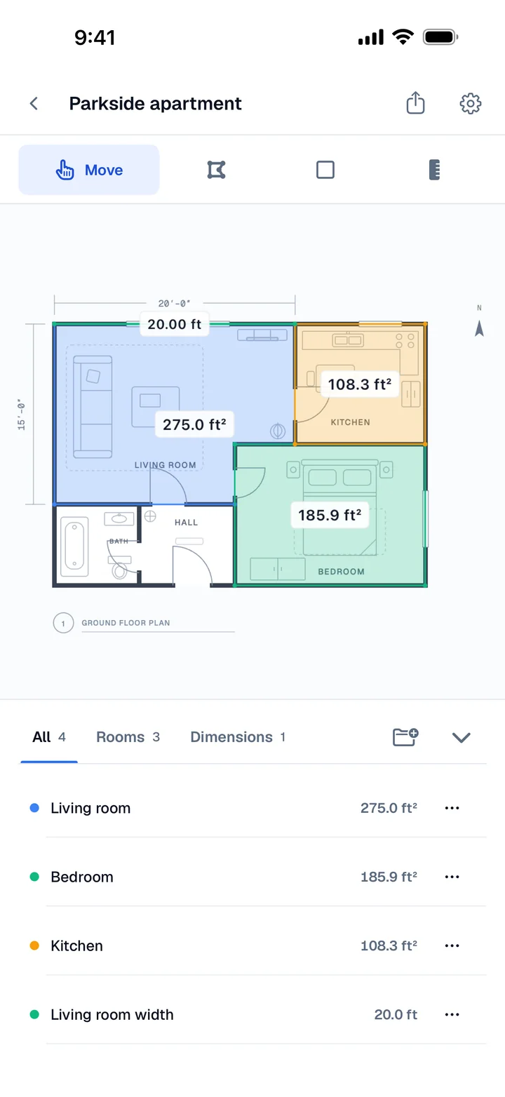 Areaplane on iPhone: a floor plan with the living room, kitchen, and bedroom traced and labeled with their areas.