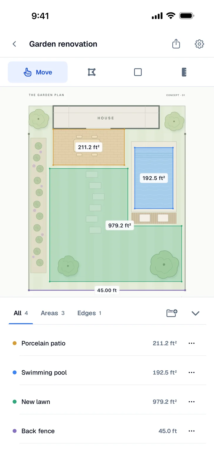 Areaplane on iPhone: a garden plan with the patio, pool, and new lawn measured in square feet.