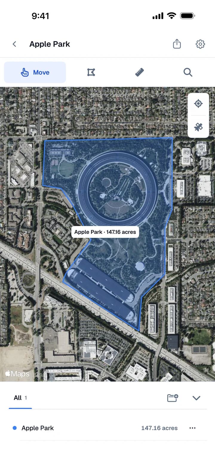Areaplane on iPhone: Apple Park outlined on satellite imagery, measuring 147.16 acres.