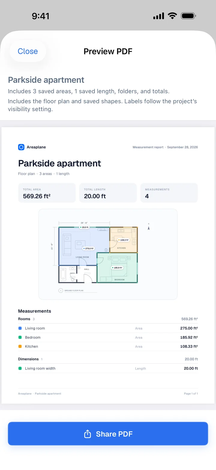 Areaplane on iPhone: a PDF report preview listing each room, the totals, and the plan, ready to share.