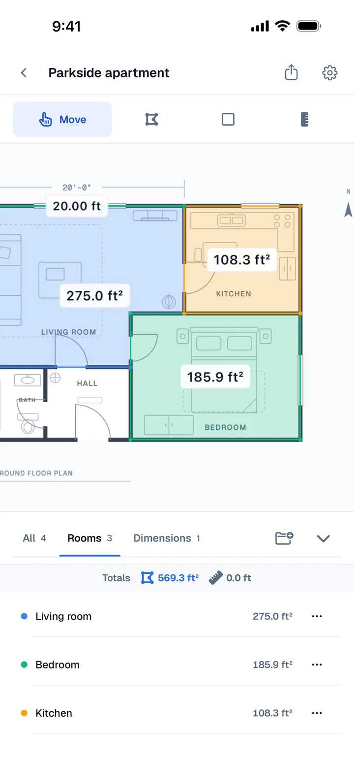 Areaplane on iPhone: three rooms grouped under Rooms with a total of 569.3 square feet.