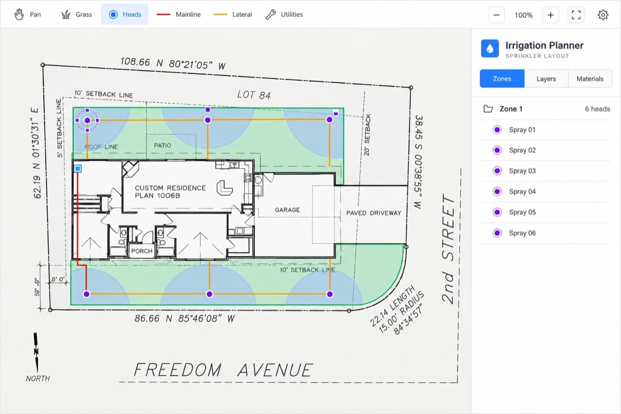 Site plan with sprinkler heads and their coverage arcs on a lawn.