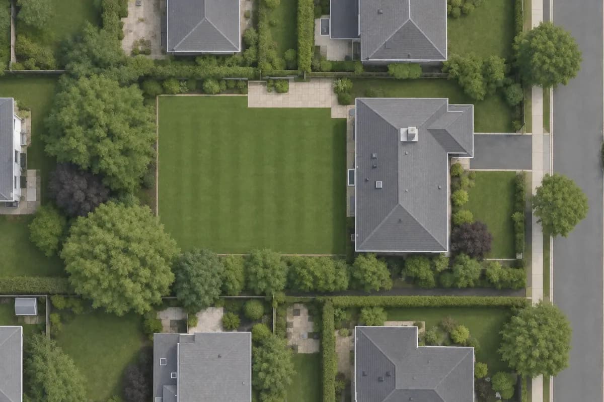 Satellite view of a house lot with a driveway and yard.