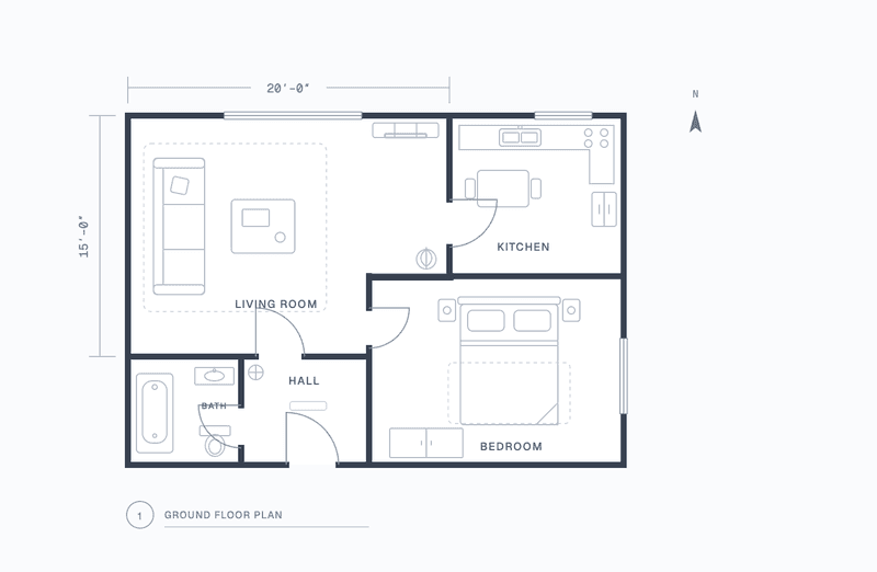 Ground-floor plan with an L-shaped living room, kitchen, bedroom, bath, and hall.
