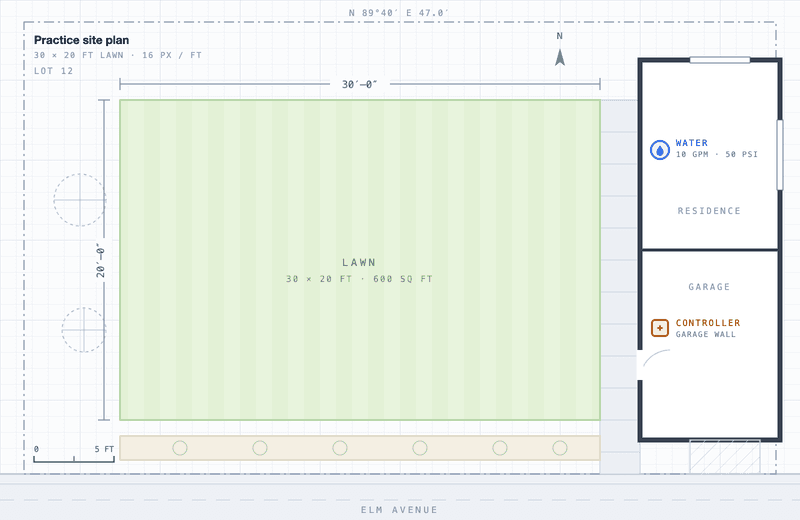 Practice irrigation site plan with a 30 by 20 foot lawn, water source and controller